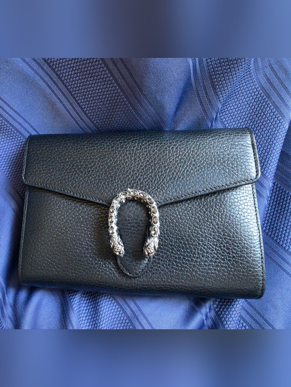Gucci Dionysus Black Pebbled Leather Envelope Clutch with Silver Horsebit Accent
